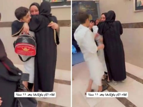 Emotional reunion between mother and her children in Mecca.
