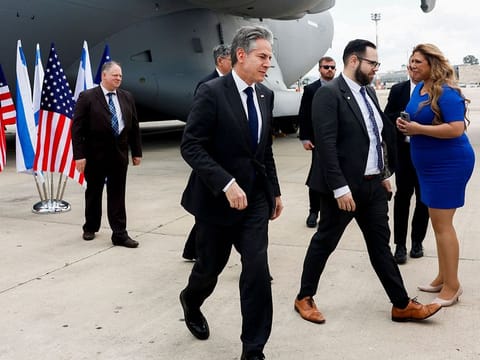 US Secretary of State Antony Blinken arrives in Tel Aviv from Cairo, as the push for a ceasefire between the Palestinian militant group Hamas and Israel continues on March 22, 2024.