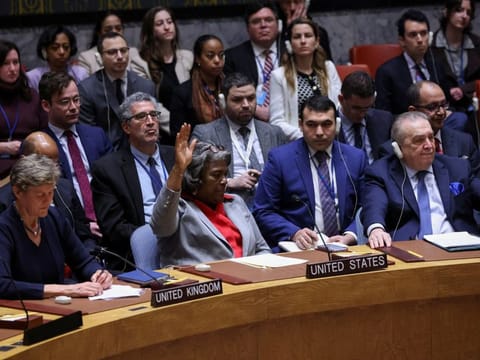 US Representative to the United Nations Linda Thomas-Greenfield abstains, during a vote on a Gaza resolution that demands an immediate ceasefire for Ramadan leading to a permanent sustainable ceasefire, and the immediate and unconditional release of all hostages, at UN headquarters in New York City, on March 25, 2024.