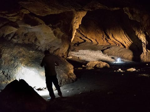 A person stands in Pebdeh Cave, in the southern Zagros Mountains, Iran, in this undated photo obtained by Reuters on March 25, 2024. Pebdeh Cave was occupied by hunter-gatherers as early as 42,000 years ago, inferred to be Homo Sapiens.