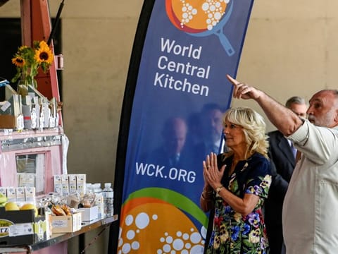 US first lady Jill Biden with Spanish chef Jose Andres during their visit to a reception centre for Ukrainian refugees in Pozuelo de Alarcon, on the sidelines of NATO summit, near Madrid, Spain, June 28, 2022.