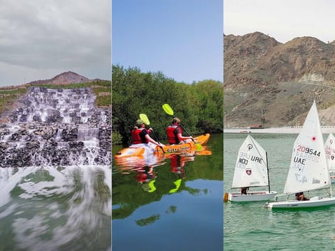 From left to right: Enjoy the Kalba Hanging Gardens, kayak at the Kalba mangroves, or sail around the Al Hefaiyah Lake.