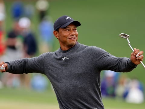 Tiger Woods of the US reacts on the green on the 9th hole during a practice round at Augusta National Golf Club on Tuesday.