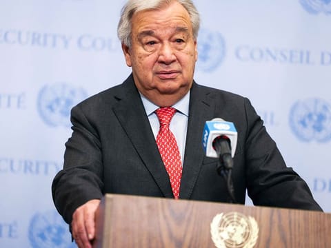 UN Secretary-General Antonio Guterres speaks to the press at UN headquarters in New York on April 5, 2024, ahead of the six-month mark since the October 7 Hamas attack on Israel. Guterres on April 5 expressed serious concern over reports that Israel was using artificial intelligence to identify targets in Gaza. "No part of life and death decisions which impact entire families should be delegated to the cold calculation of algorithms," he said.