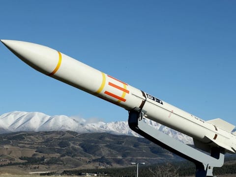 An Iranian missile is displayed in Tehran on February 17, 2024.