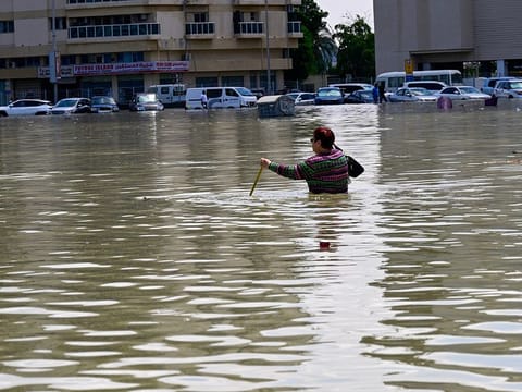 Flooded street in Sharjah after heavy rain on April 18, 2024.