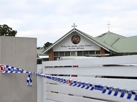 A crime scene cord is pictured at the Assyrian Christ The Good Shepherd Church after a knife attack.