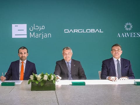 (L-R) Abdulla Al Abdouli, CEO of Marjan; Stefano Saporetti, Director of Brand Diversification at Aston Martin; Ziad El Chaar, CEO of Dar Global