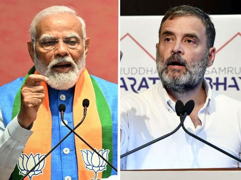 Rahul Gandhi (R) says that PM Narendra Modi is rattled by Congress' manifesto