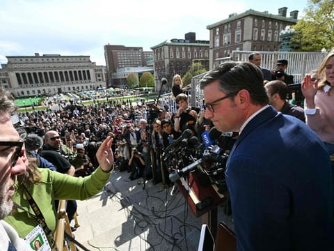 US Speaker of the House Mike Johnson takes questions from the media after meeting with Jewish students, as pro-Palestinian students and activists continue to protest the Israel-Hamas war on the campus of Columbia University in New York City on April 24, 2024.