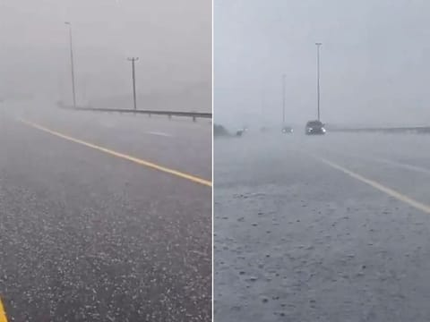 Heavy rain and hail hit some areas of Ras Al Khaimah on Monday.