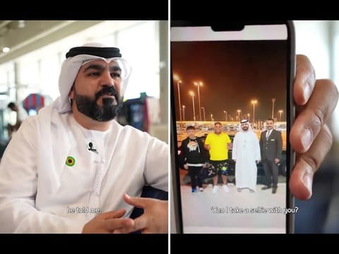 Collage from video stills of Al Saeed showing a photo on his mobile phone of the boy (extreme left in group picture) before his departure