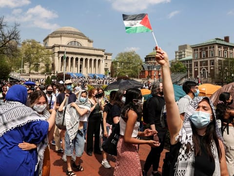 Students march and rally on Columbia University campus in support of a protest encampment supporting Palestinians, despite a 2pm deadline issued by university officials to disband or face suspension in New York City, on April 29, 2024.