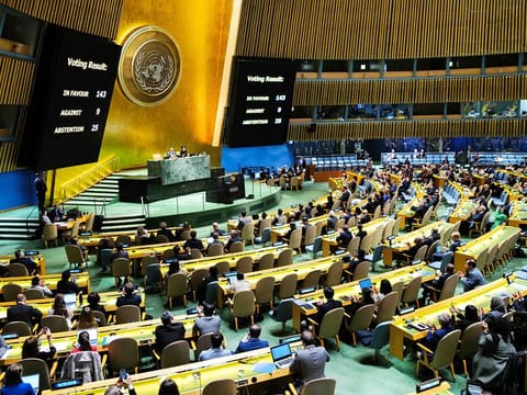 The results of a vote on a resolution for the UN Security Council to reconsider and support the full membership of Palestine into the United Nations is displayed during a special session of the UN General Assembly, at UN headquarters in New York City on May 10, 2024.