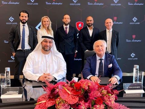 Shaher Mousli, Chairman of Gulf Land Property Developers, left, and Tonino Lamborghini, Founder and Chairman of Tonino Lamborghini S.p.A., at the signing ceremony.
