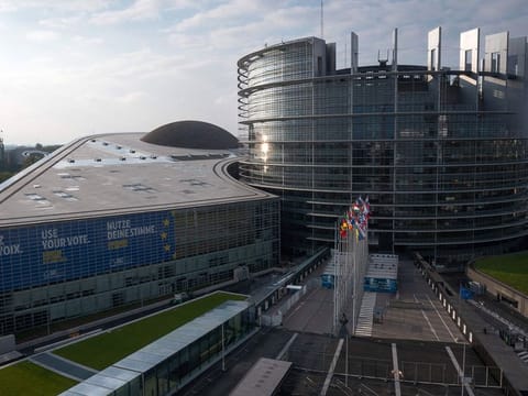This photograph shows a giant poster announcing the upcoming European elections, stucks on the facade of the European Parliament building, in Strasbourg, eastern France, on May 8, 2024.
