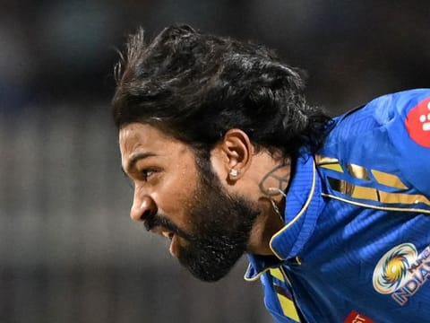 Mumbai Indians’ captain Hardik Pandya bowls during the Indian Premier League cricket match on May 11, 2024. Pandya’s inconsistent batting and poor bowling mirrored Mumbai’s fortunes and affected his captaincy.