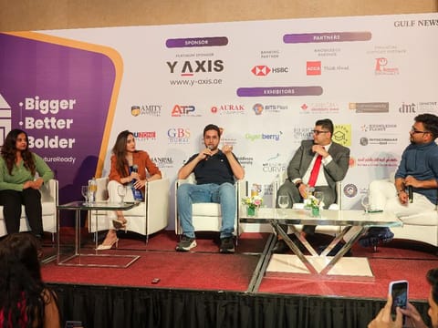 Hazel Denny, a Heriot Watt alumna with experience at SAP and MSD; Sanya Jain, Content Editor at Bloomingdale's and former Middlesex student; Mohammad Murtaza Sharif, a graduate from Murdoch University and Data Analytics Experience Associate at Deloitte Middle East; Ahmed Ellahi, an ACCA graduate turned lecturer at Phoenix Financial Training with moderator Varun Jain, Founder and CEO of UniHawk during a Panel discussion "The power of the UAE: Graduate success stories" on the second day of Sixth edition of Gulf News Edufair in Dubai