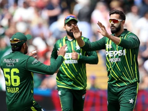Pakistan's Imad Wasim celebrates after taking the wicket of England's Phil Salt during the second T20 International at Edgbaston Cricket Ground on May 25.