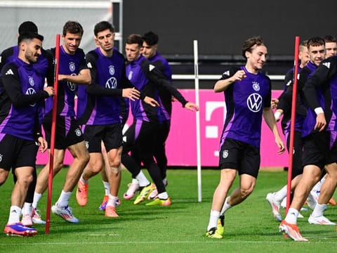 Germany's team attends a training session on the eve of the friendly football match against Ukraine in Herzogenaurach on Sunday.