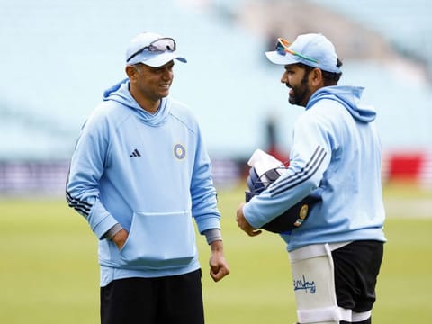 Rahul Dravid with Rohit Sharma during a training session.