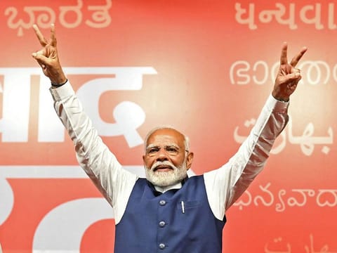 Indian Prime Minister Narendra Modi gestures as he arrives at Bharatiya Janata Party (BJP) headquarters in New Delhi, India, June 4, 2024.