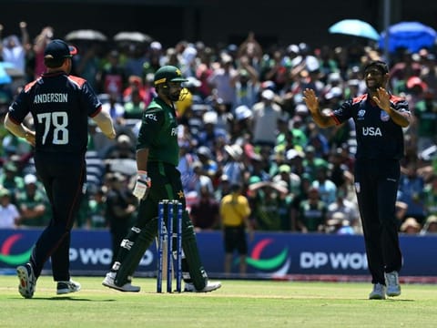 USA's Saurabh Netravalkar (right) celebrates after the dismissal of Pakistan's Iftikhar Ahmed in a super over during the ICC men's Twenty20 World Cup 2024 group A cricket match at the Grand Prairie Cricket Stadium in Grand Prairie, Texas, on Thursday.