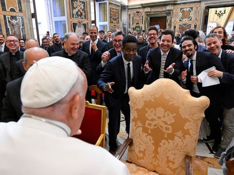Pope Francis meets with comedians during a cultural event at the Vatican, on June 14, 2024.