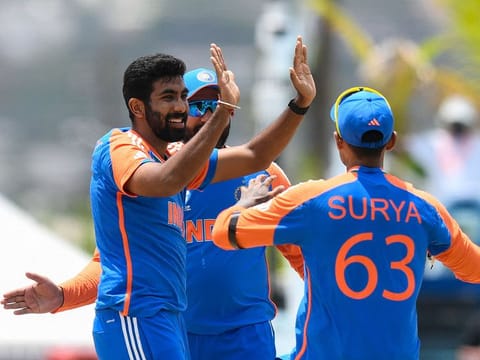 India's Jasprit Bumrah (left) celebrates with Suryakumar Yadav during the Twenty20 match against Afghanistan. India will be playing four T20 matches against South Africa in November.