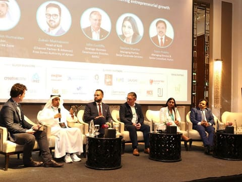 From left to right: Mohammed Bin Humaidan, Director, Meydan Free Zone; Zubair Makhdoomi Director B2B (Channel Partner & Alliances) Free Zones Authority of Ajman; John Cunliffe, Strategic Business Development Director, RAKEZ; Neelam Sharma, Managing Partner, Neeja Corporate Services; Syam Prabhu, Managing Director & Senior Consultant, Aurion