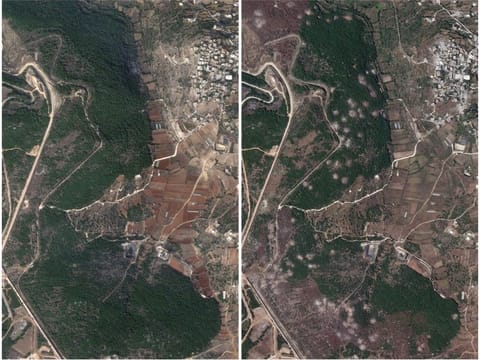 A combination picture of a satellite image (left) of woodland by the Lebanese village of Aita Al Shaab near the Israeli border, taken on October 23, 2023, and the same area (right) showing marks following months of ongoing cross-border hostilities between Hezbollah and Israeli forces, in Lebanon June 5, 2024.