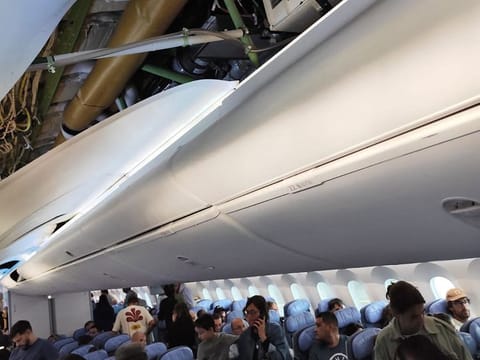 This UGC picture taken on July 1, 2024 and released as a courtesy by passenger Claudio Fernandez Arbes shows damages in an Air Europa Boeing 787-9 Dreamliner after it made an emergency landing in Natal, in northern Brazil, on July 1, 2024, after hitting strong turbulence on its way from Madrid to Montevideo.