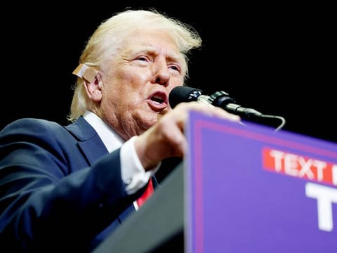 Republican presidential nominee, former US President Donald Trump speaks during a campaign rally at the Van Andel Arena on July 20, 2024 in Grand Rapids, Michigan.