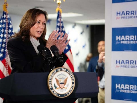 US Vice President and Democratic presidential candidate Kamala Harris speaks at her campaign headquarters in Wilmington, Delaware, on July 22, 2024.