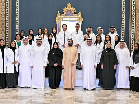 His Highness Sheikh Mohammed bin Rashid Al Maktoum with graduates of the Class of 2024 from the Mohamed Bin Rashid University of Medicine and Health Sciences. Sheikh Hamdan bin Mohammed bin Rashid Al Maktoum was also present.