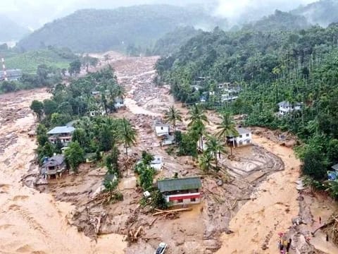 NDRF personnel conduct a rescue operation after huge landslides in the hilly areas near Meppadi, in Wayanad district