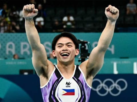 Philippines' Carlos Edriel Yulo celebrates after winning the artistic gymnastics men's vault final during the Paris 2024 Olympic Games at the Bercy Arena in Paris, on Sunday.
