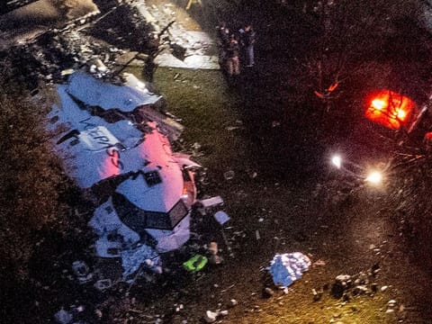 Aerial view of the wreckage of an airplane that crashed with 61 people on board in Vinhedo, Sao Paulo State, Brazil, on August 9, 2024.