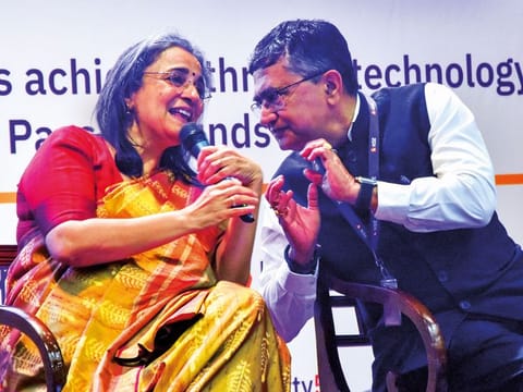 Securities and Exchange Board of India Chairperson Madhabi Puri Buch in conversation with National Stock Exchange MD & CEO Ashishkumar. Puri Buch has come under fire from Hindenburg Research, which accused her of having links with the Adani Group, which is under Sebi investigation.