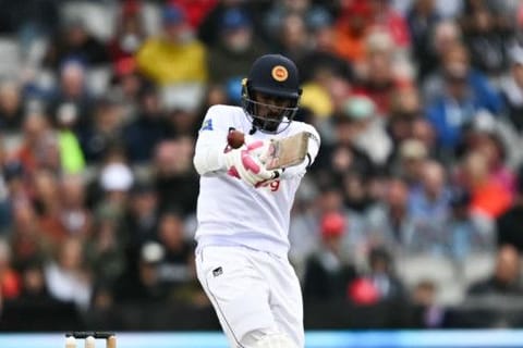 Sri Lanka's Milan Rathnayake in action on day one of the first Test cricket match against England at Old Trafford cricket ground in Manchester, north-west England on Wednesday.
