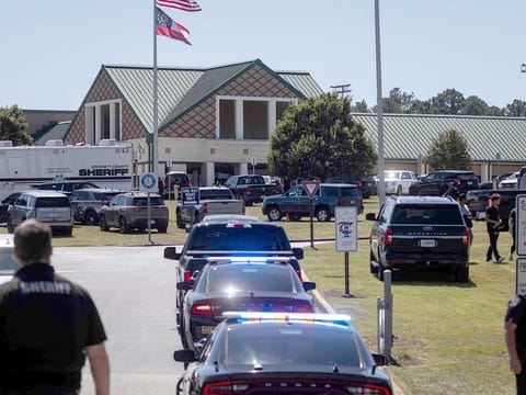 Law enforcement and first responders respond to Apalachee High School in Winder, Georgia, on September 4, 2024, after a shooting was reported