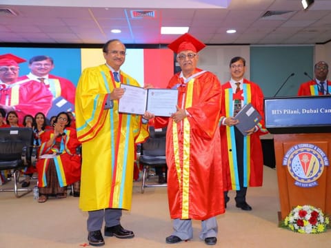 Dr Pankaj Manubhai Vyas, 75, receiving his doctorate degree from BITS Pilani Vice-Chancellor V. Ramgopal Rao in Dubai on Sunday.