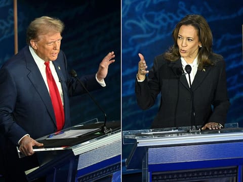 Former US President and Republican presidential candidate Donald Trump (L) and US Vice President and Democratic presidential candidate Kamala Harris participating in a presidential debate at the National Constitution Center in Philadelphia, Pennsylvania, on September 10, 2024.