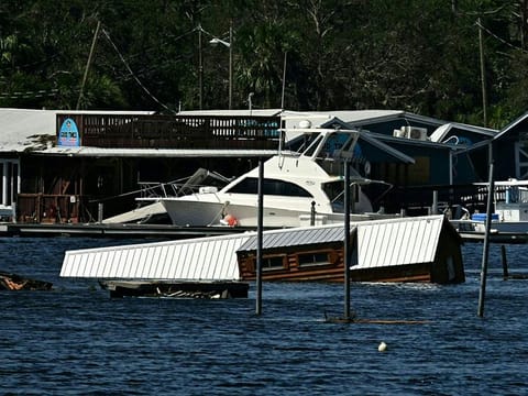 A damaged house is seen floating after Hurricane Helene made landfall in Steinhatchee, Florida, on September 27, 2024