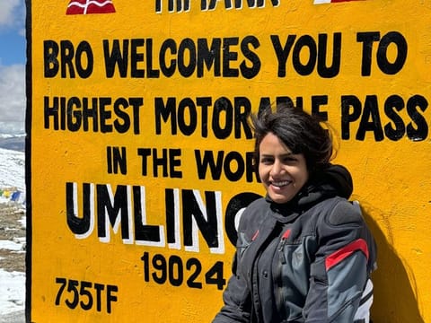 Emirati woman biker Nora AlJassasi at India's Umling La, the highest motorable pass in the world.