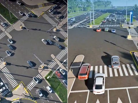 Combo of video stills from animation showing what the Sultan Bin Zayed the First Street intersection will look like after the completion of all projects
