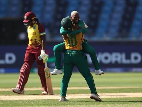 South African left-arm spinner Nonkululeko Mlaba celebrates a dismissal against West Indies in Group B match at the Dubai International Stadium on Friday.