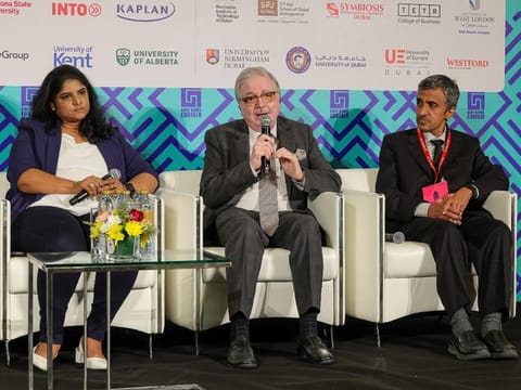 Dr Bindu Nair, Assistant Dean, Westford University College Professor; Dr Amitabh Upadhya, Executive Director, Symbiosis International University, Dubai; and Dr Pankaj Lamba, Clinical Assistant Professor Ophthalmology, Gulf Medical University, during a panel discussion 'Academia to Career: Real-World Skills for Real-World Challenges on the second day of Gulf News Edufair 2024.