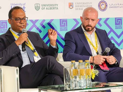 Dr. Mohamed Abdulkhaleq Bamatraf, Director of Industry Relations Middle East at Global Business Studies (GBS) Dubai, and Prof. Dr. Michael Gallimore, Head of De Montfort University Dubai at the panel discussion titled Your Career Blueprint: Leveraging Strategic Internships, Networking and Key Career Moves' during the seventh edition of the Gulf News Edufair 2024