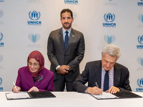 Sheikha Jawaher bint Mohammed Al Qasimi, Chairperson of The Big Heart Foundation (TBHF), during the signing ceremony in Geneva, in the presence of Sheikh Sultan bin Ahmed Al Qasimi, Deputy Ruler of Sharjah and Humanitarian Envoy of TBHF, with Filippo Grandi, the United Nations High Commissioner for Refugees